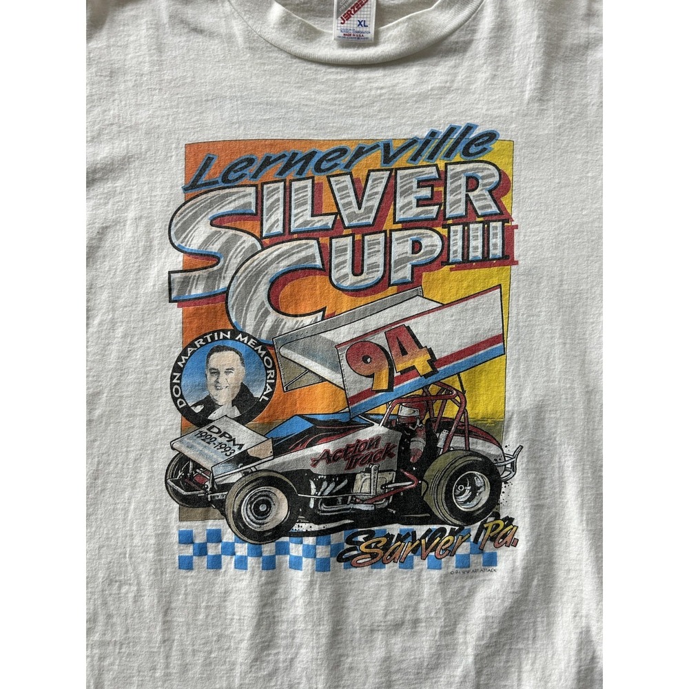 Vintage 90s Jerzees Shirt Mens XL White Lernerville Silver Cup 94 Racing Tee - Picture 3 of 7